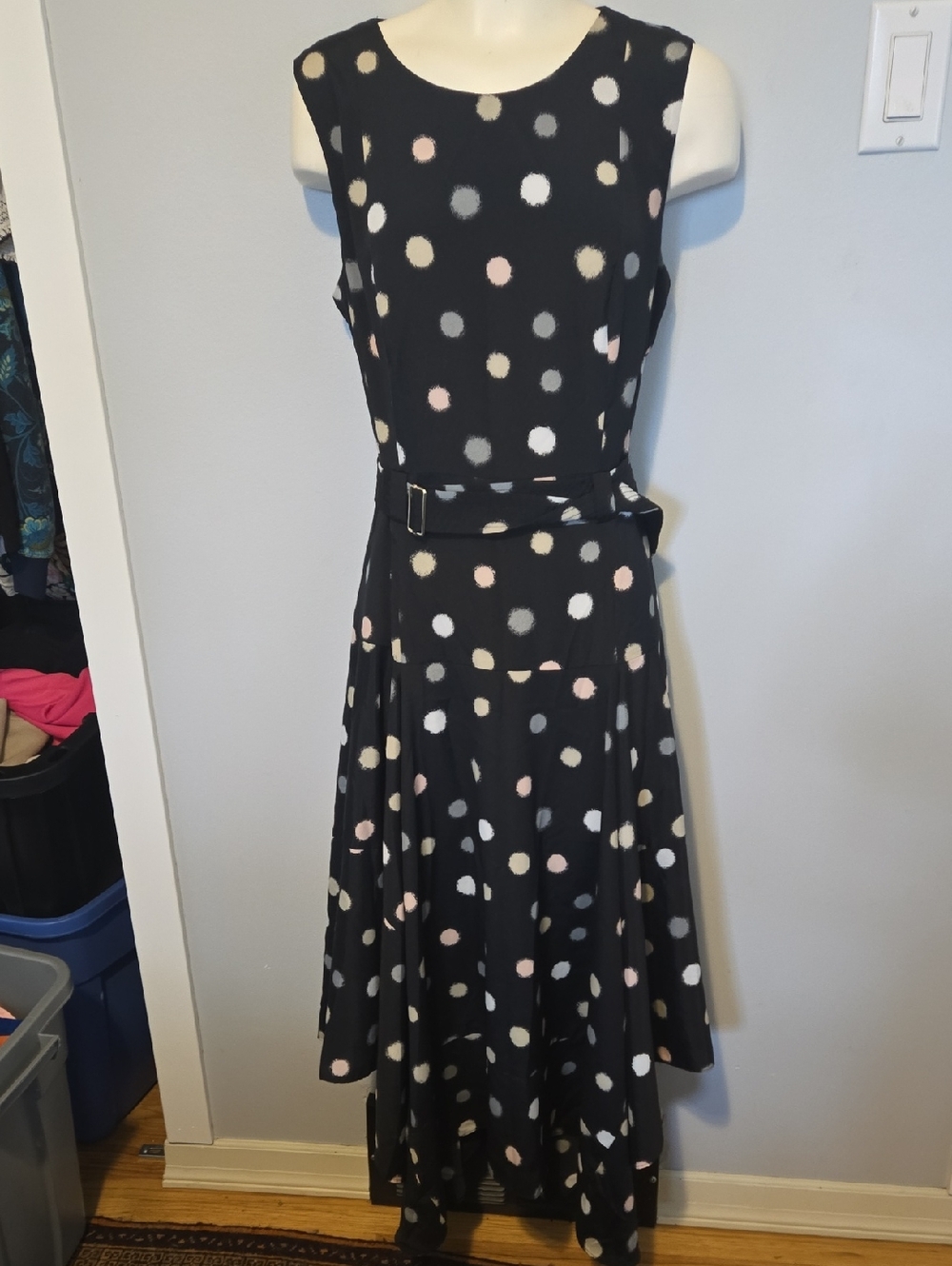 Calvin Klein Black Maxi Dress with Cream, Pink, and Gray Polka Dots